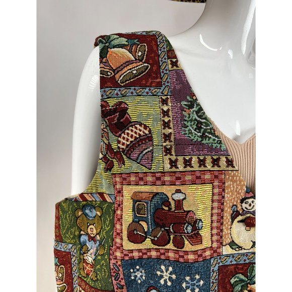 Westbound Vintage Plus Sized Holiday Christmas Vest  1X Green  Patchwork Tapestr - Picture 9 of 16